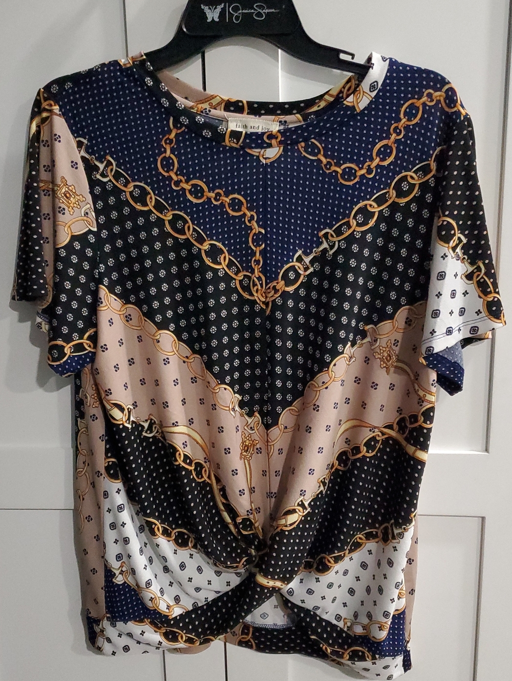 Faith and Joy Navy, Black, Cream & Gold Chain-Print Twist Front Short Sleeve Top